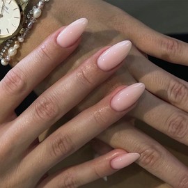 Aurora Press on Nails Short Almond Fake Nails Ice-Transparent Acrylic False Nails Glossy Nude Color Full Cover Reusable Artificial Nails for Women Girls Manicure Decorations 24Pcs