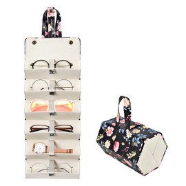 MEGREZ 6 Slots Sunglasses Organizer Box, PU Leather Foldable Eyeglasses Case, Portable Sunglasses Case for Multiple Glasses, Sunglasses Holder for Travel, Black-Flowers