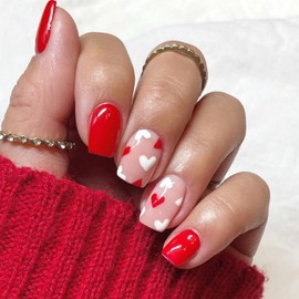 Valentine's Day Press on Nails Short Square False Nail with Heart Design Red Artificial Acrylic Fake Nails Full Cover Reusable Nude Glue on Nail for Women Manicure DIY 24 PCS