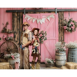 Meiguiman 10x8ft Pink Rustic Barn Backdrop - Spring Flower Decor - Western Cowboy Party Decorations - Wedding & Birthday Party - Photo Studio Props