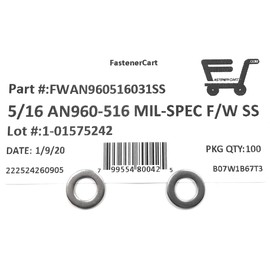 5/16" AN960-516 Mil-Spec Flat Washers Stainless Steel AN960-516 (5/16 ID x 9/16 OD x.062 THK) 100 Pieces