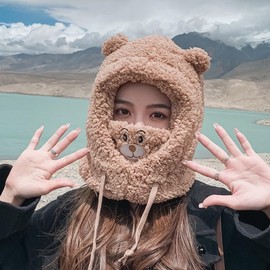 FOSDICK Women's Bear Style Balaclava, Fleece Balaclava, Warm Windproof Ski Mask, Thermal Thickened Balaclava for Women, Winter Face Mask for Cycling, Snowboarding, Skiing, Motorcycle, Pack of 1, brown