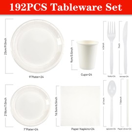 192 Pcs Paper Disposable Dinnerware Set for 24 Guests Tableware Set for Party Includes 24 Dinner Plates 9" 24 Dessert Plates 7" 24 Cups 24 Napkins 24 Straws 24 Plastic Forks 24 Spoons 24 Knives White