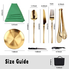 Camping Tableware Mess Kit Cutlery for 4 Dinnerware Set - 24pcs Hammered Gold Stainless Steel Utensils Set with Plate Spoon Fork Serrated Knife Wine Opener Cloth napkins, Backpacking, Hiking Picnic