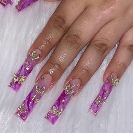 Long Square Press on Nails Full Cover Pink Purple Fake Nails with 3D Butterfly Nail Charms Rhinestones Design Glossy Extra Long Glue on Nails Reusable Artificial Acrylic Nails for Women Girls 24Pcs