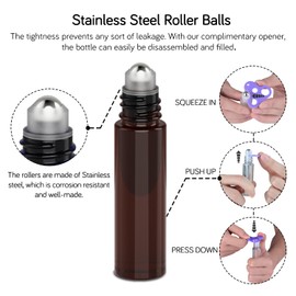 PrettyCare Set of 6, 10 ml Amber Glass Roller Bottles for Essential Oil with Stainless Steel Roller Ball - Refillable Leak-proof Empty Roll on Bottles with Black Caps for Travel, Perfume