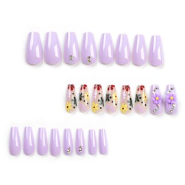 LPOODDNU Flowers Press on Nails Medium Coffin Fake Nails Glossy Purple Acrylic Nails Colorful Spring Daisy Glue on Nails Cute Stick on Nails Medium Length Nail Tips Press ons for Women Manicure 24Pcs
