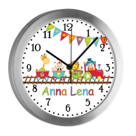 CreaDesign, WU-10-1088 Analogue Children's Room Radio-Controlled Clock with Customisable Name, Silent Children's Wall Clock with Aluminium Frame, Train Motif