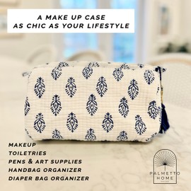 Bolsa de aseo y estuche de maquillaje con estampado de bloques – Bolsa acolchada floral bohemia para cosméticos, cuidado de la piel – Organizador grande con forro impermeable para bolsa de pañales, bolso, viajes, regalo, Boho azul y blanco, Estampado de 