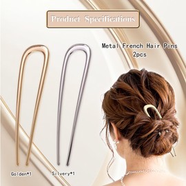Tovyzalg 2 Pcs Metal French Hair Pins for Buns, French Twist Hair Pin, Hair Sticks for Buns, U Shaped Hair Fork for Thick Hair, Large French Pins Hairstyle Accessories, U-Shaped Hair Pins for Women