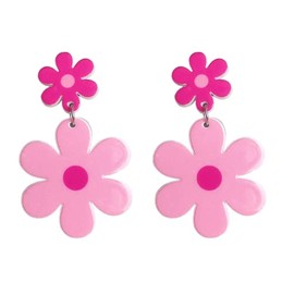 60s 70s Vintage Daisy Flower Earrings for Women Acrylic Retro Disco Hippie Earrings Boho Petal Layered Dangle Drop Earrings Jewelry Birthday Gift-Pink