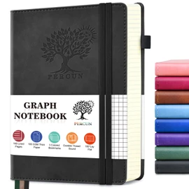 PERCUN Graph Paper Notebook, 160 Pages Grid Journal for women & men, A5 Hardcover Leather Graphing Notebook for School, Work, Travel, Note Taking 5.9”x8.5” (Black)