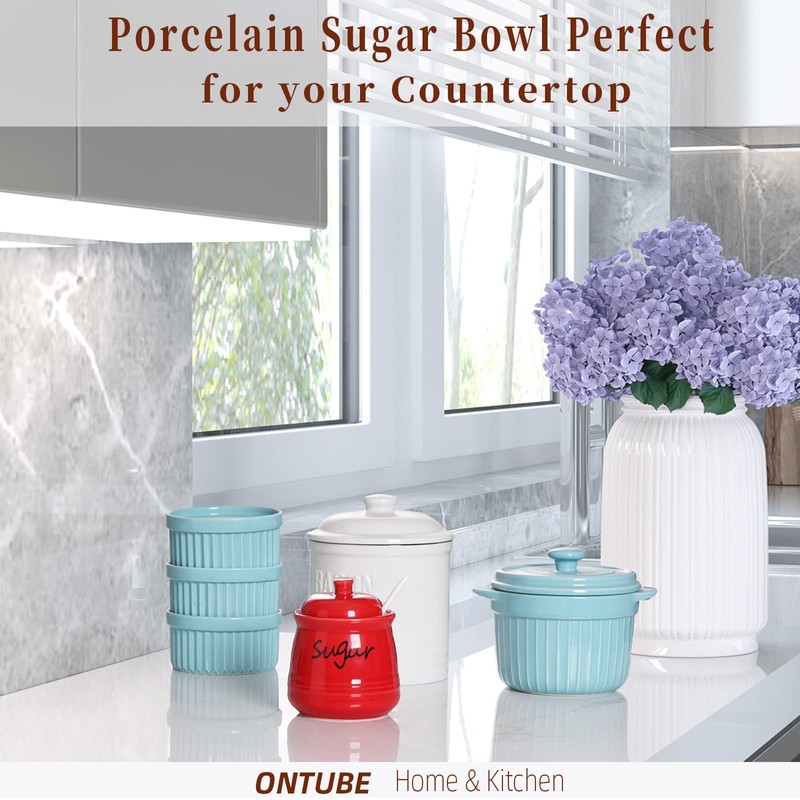 ONTUBE Ceramic Sugar Bowl with Lid and Spoon 12oz (Red)