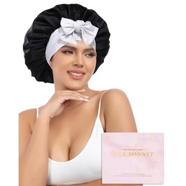 AWAYTR AWAYTR Silk Bonnet for Sleeping Women - 100% Mulberry Silk Bonnet with Band 2 Layer Reversible Hair Bonnet Sleeping Hair Wrap (Black/Silver Grey)