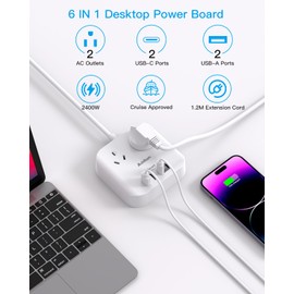 Addtam Power Board with USB C, Travel Powerboard with 2 Outlets and 4 USB Ports(2 USB C), Non Surge Protector Power Strip with 1.2M Extension Cord Cruise Home Office Travel Essentials Accessories