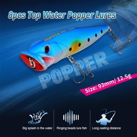 Topwater Popper Lures,8 Pcs Topwater Popper Lure 3D Eyes Artificial Fishing Lures with Hooks for Saltwater Freshwater Fishing
