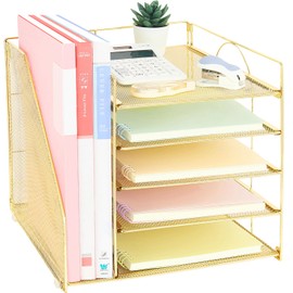 LEKETREE Desk Organizers and Accessories, 5-Tier Paper Letter Tray Organizer with File Holder, Office Supplies for Women, Desk Accessories & Workspace Organizers (Gold)