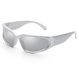 LIKSMU - anteojos de sol envolventes de moda para mujeres y hombres, tonos ovalados de moda, Marco plateado A1 / lente espejo plateado, M
