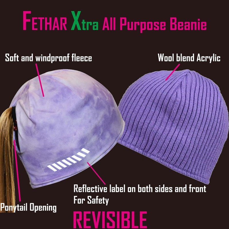 FETHAR Womens Wool Athletic/Running Beanie with Ponytail Hole - Reversible