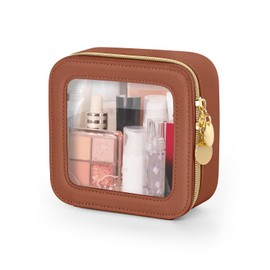 Soimeat Mini Makeup Bag, Small Makeup Bag for Purse, Waterproof Clear Makeup bag, Leather Cosmetic Bag, Square Make Up Bag Pouch, Toiletry Bag for Travel, Car and Women, Brown