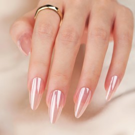 Chrome Press on Nails Medium Almond Fake Nails Cute Pink Acrylic Nails Glossy Shiny Mirror Artificial False Nails for Women Girls Manicure Decoration 24Pcs