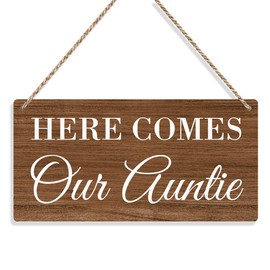 Here Comes Our Auntie Ring Bearer Sign Rustic Wall Hanging Humor Wedding Accessories Wedding Decorations for Reception Engagement Wedding Party Wall Art Decor Wooden Sign Hallway Decoration (Brown)