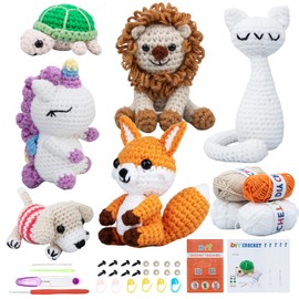 Crochet Kit for Beginners – 6 PCS Crochet Animal Kit, Kids Knitting Beginners Kit with Step by Step Videos, Yarn, Crochet Hook, Great Birthday Holiday Gift (Knitting Kit 1)