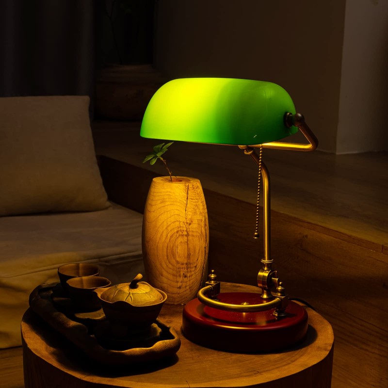 Bankers Lamp, Traditional Green Desk Lamp with Solid Birch Wood