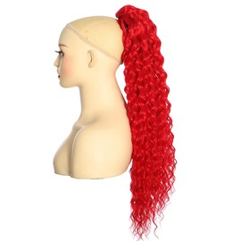 BALINGHAIR Deep Wave Ponytail Extension for Women 24 Inch Red Curly Wavy Ponytail Hair Extensions Drawstring with Clips Short Synthetic Hairpiece for Daily and Party