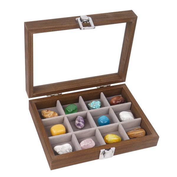 Dmnnlp 12 Grids Rock Display Case, Wooden Rock Collection Box
