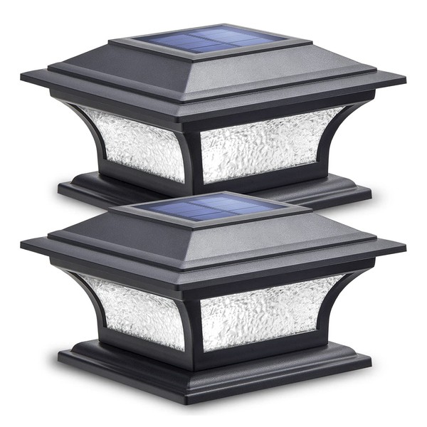SIEDiNLAR Solar Post Lights Outdoor Glass LED Fence Cap Light 2 Modes for 4x4 5x5 6x6 Posts Deck Patio Garden Decoration Warm White/Cool White Lighting Black (2 Pack)