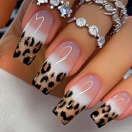 24 Pcs Leopard French Press on Nails Medium Square WLGDLH Fake Nails Nude Pink False Nails Press Ons With Glitter Designs Glossy Nail Tips Full Cover Acrylic Nail Kit for Women