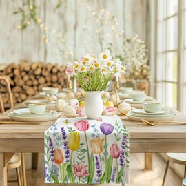 ARKENY Spring Lavender Tulip Table Runner 36x13 Inches, Floral Butterfly Farmhouse Seasonal Indoor Outdoor Anniversary Table Decoration for Home