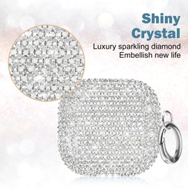 Newseego for Airpods 4 Generation Case, Luxury Sparkly Bling Rhinestone Case with Keychain for Women Girls Anti-Lost Glitter Crystal Hard PC Shockproof Full Protective Cover for Airpods 4th-Silver
