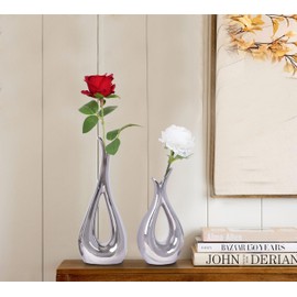 Silver Vase for Home Decor Hollow Ceramic Vases Set of 2 Nordic Minimalist Decorative Vase for Table Centerpiece Modern Dried Flower Vases for Dining Room Living Room Office Decoration