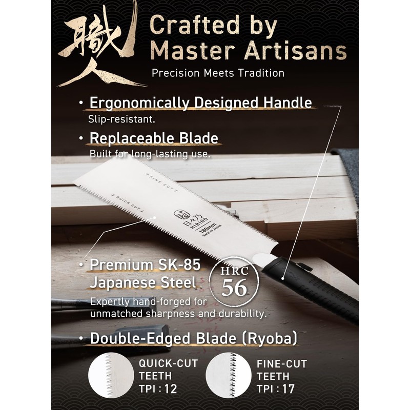 HIBINO Japanese Pull Saw 7” Ryoba Hand Saw | Quick-Cut