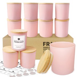 SUPMIND 12 Pack 10oz Pink Glass Candle Jars for Making Candles with Bamboo Lids Sticky Labels Warning Labels for Making Candles Empty Containers - Dishwasher Safe