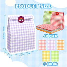 PHOGARY 40pcs Plaid Gift Bags Bulk, Birthday Party Favour Bag with 72 Stickers, Small Colorful Paper Gift Bag Treat Goody Sweet Candy Gift Wrap Bags for Kids Birthday Festivals Party Supplies