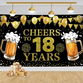 Creaher Birthday Banner, Black and Gold Happy 18th Birthday Banner,Cheers To 18th Birthday Backdrop Party Decorations Banner for Men Women Birthday Anniversary Party Decorations (180x110cm)
