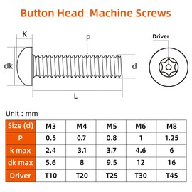 M6 x 20mm Button Head Torx Drive Machine Screws, Security Screws Anti Theft Tamper Proof, 304 Stainless Steel 18-8, Black Finish, 25 PCS