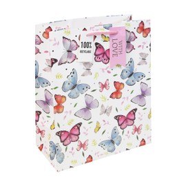 Eurowrap Butterfly Large Gift Bag – White Textured Kraft Paper with Colourful Butterfly Pattern, Woven Handle & Tag – Perfect for Birthdays & Special Occasions