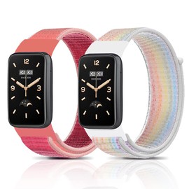 SeNool Nylon Strap Compatible with Smart Band 7 Pro, Pack of 2, Nylon Replacement Strap, Velcro Strap, Soft, Breathable, Watch Strap for Mi Band 7 Pro, Red + Rainbow