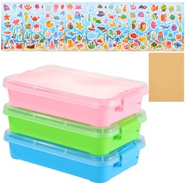 3 Pcs Plastic Sensory Bin Sand Tray with Lid 8 Stickers Portable Sandbox Container with Handle Clear Lid Stackable Play Tray for Storage Sand Toys Sand Arts Crafts Organizing