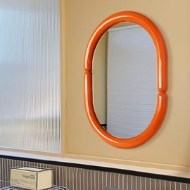 Oval Solid Wood Vanity Mirror Bagel Shaped Wall Mounted Mirror High-end for Bedroom Bathroom Wall Decor (Orange Mirror)