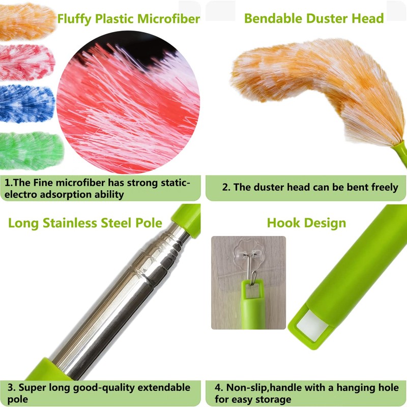 4 Pack Washable Electrostatic Duster, Extendable Pole 25" to 55",