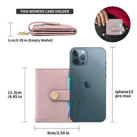 POIUGOYA Slim Wallet for Women, Leather Bifold RFID Blocking Credit Card Holder with Keychain, Zipper Coin Pocket ID Window