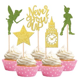 30 piezas de adornos para cupcakes con purpurina de Neverland Peter Pan Reloj Torre de Cupcake Pick Star Night Fair Tales Decoración de pasteles para baby shower, suministros de fiesta de cumpleaños, dorado y verde