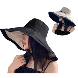 Packable Large Brim Sun Hat for Women - 6.7" Wide-Brim UV-Protection Women's-Sun-Beach-Hats with Strap Black