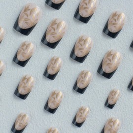 Black French Tip Press on Nails Medium Square Fake Nails with Gold Leaf Designs Full Cover Coffin False Nails Black Nail Tips Glue on Nails Artificial Acrylic Nails for Women Daily Wear 24Pcs