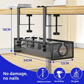 Cable Management Under Desk, Standing Desk Cable Organizer, No Drill Metal Mesh Cable Management Under Desk with Clamp Mount, Under Desk Cable Management Tray Black